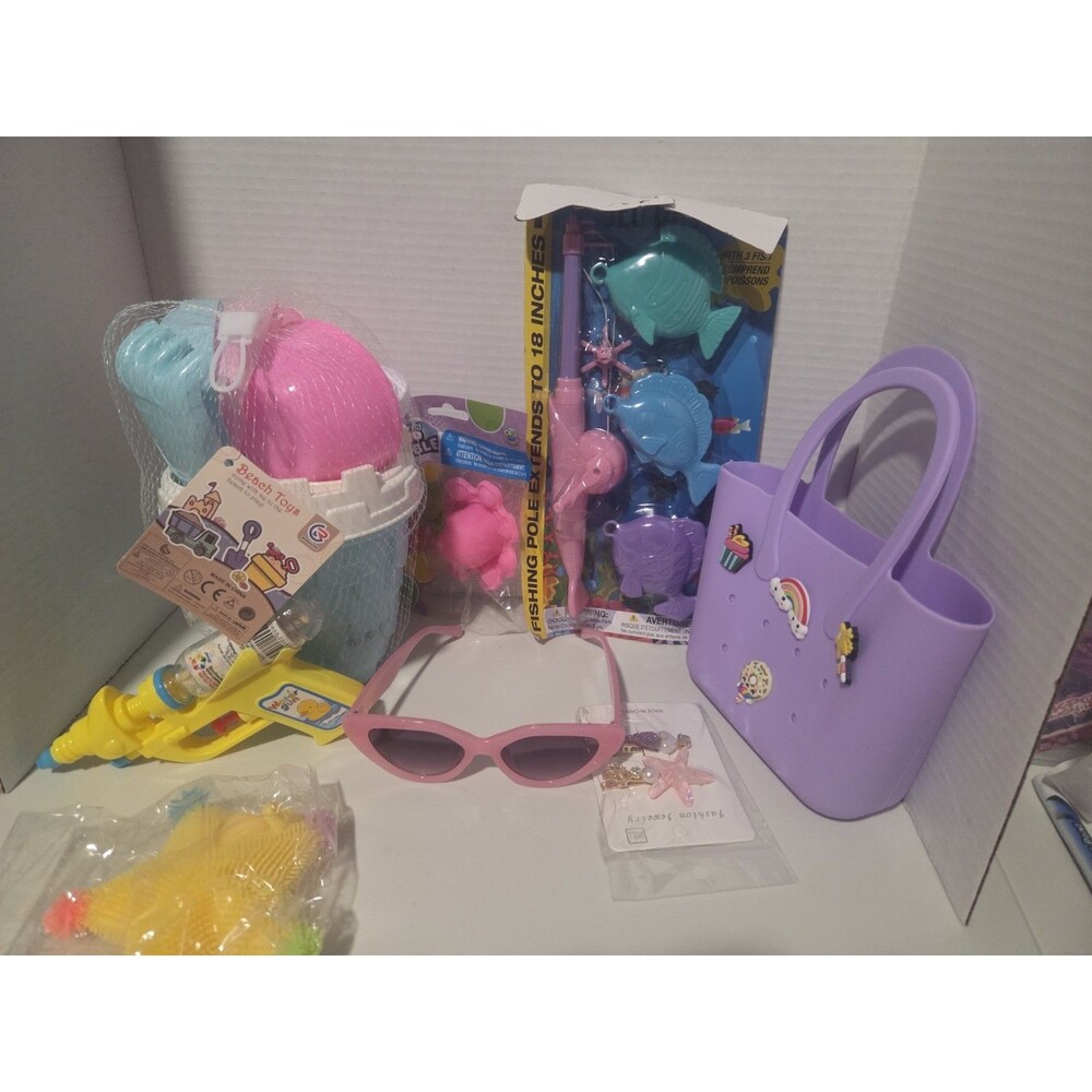 8 pc summer Toys Mixed Lot, Fishing game,Bag, Sunglasses,Summer hair clips,etc.